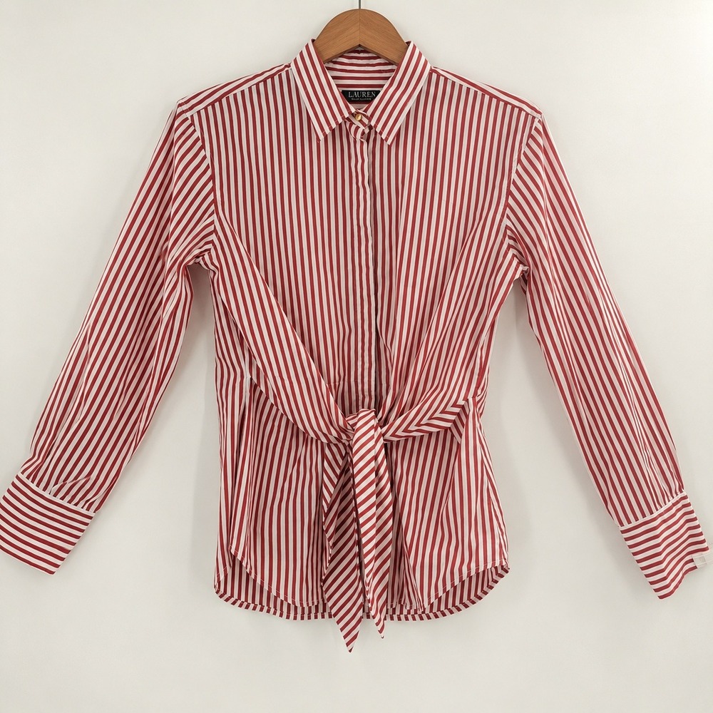 Lauren Ralph Lauren Old Money Striped Tie Front Shirt Womens M Preppy Red White